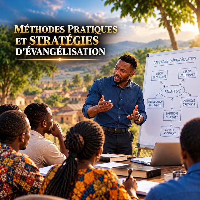 Affiche « Méthodes pratiques et stratégies d’évangélisation » : un formateur explique le plan d’une campagne d’évangélisation sur un tableau blanc