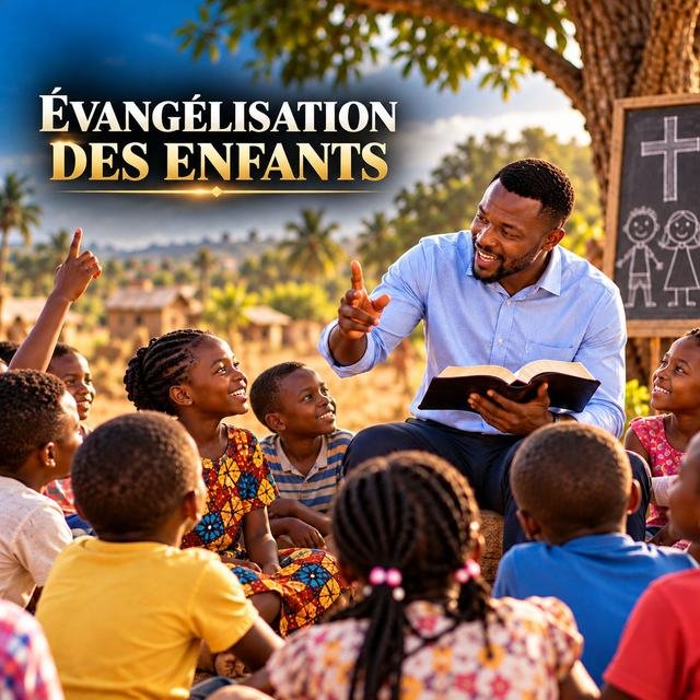 Affiche « Évangélisation des enfants » : un enseignant partage une leçon biblique avec des enfants souriants en plein air