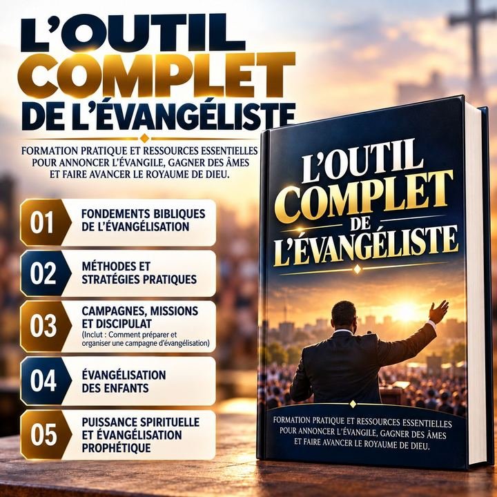 Affiche de L’Outil complet de l’évangéliste : la couverture du livre à côté des cinq domaines de formation, des Fondements bibliques de l’évangélisation à la Puissance spirituelle et l’évangélisation prophétique